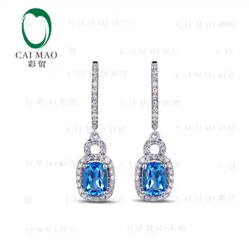 CaiMao 18KT/750 Biele Zlato 2.15 ct Prírodné Blue Topaz & 0.51 ct Full Cut-Diamond Zapojenie Drahokam Náušnice Šperky