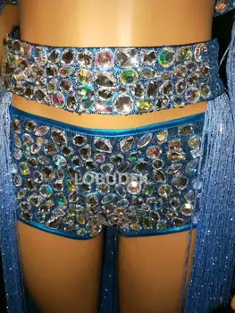 Iskrivý Veľké Kamienkami Modrá Strapce Bikini Šortky 4 Kusy Nastaviť Ženy, DJ, Spevák Tanečné Oblečenie Bar Party Show Sexy Crystal Kostým
