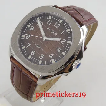Luxusné obchodné 39 mm strieborná farba prípade brown dial dátum okno, kožený remienok automatický pohyb pánske hodinky