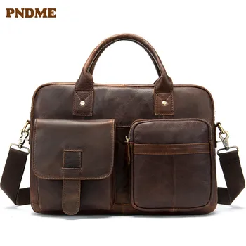 PNDME jednoduché pánske vysoko kvalitnej pravej kože kovboj aktovku retro multi vrecku kabelka, taška na prenosný počítač business program messenger tašky